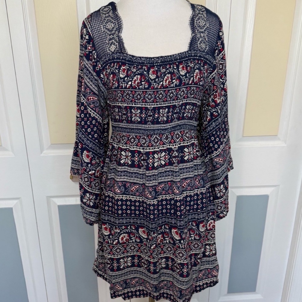 Altar'd State Bohemian Dress Navy Red Floral‎ Square Neck Long Sleeve Small